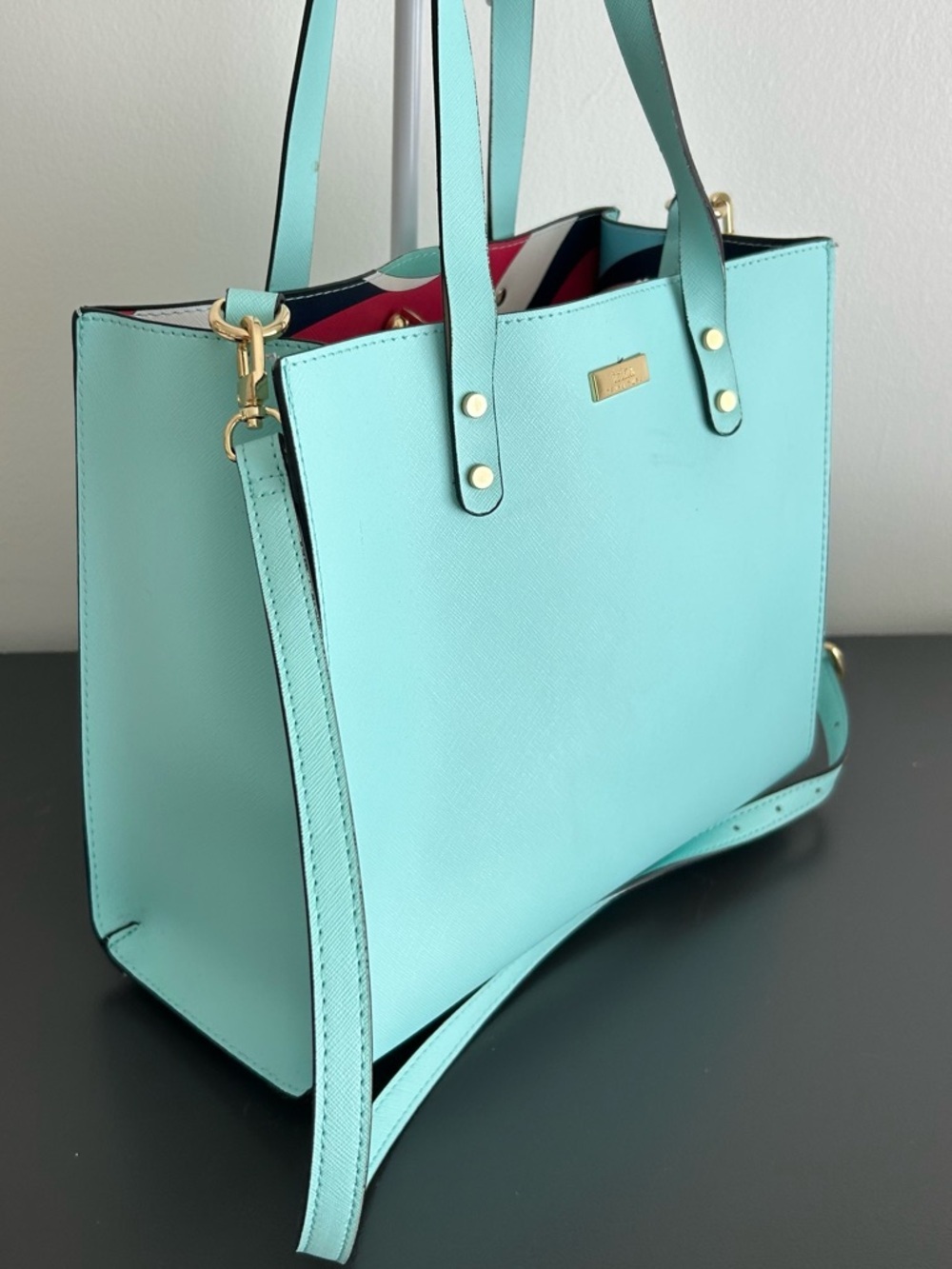 Trina Turk Aqua Blue Structured Tote Crossbody Bag Gold Hardware Satchel - Picture 4 of 8